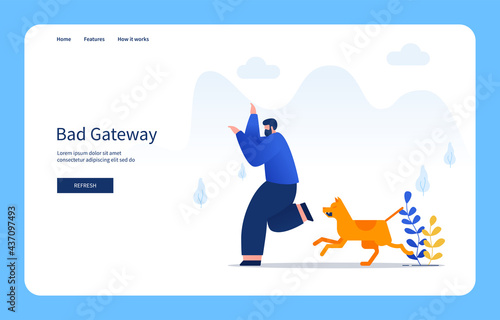 Modern Flat Design Concept Men Chased by Dogs, Bad Gateway For Website And Mobile Site. Empty States