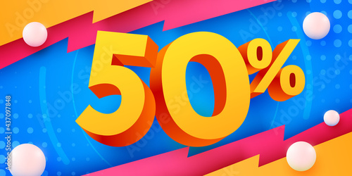 50 percent Off. Discount creative composition. 3d mega sale symbol with decorative objects. Sale banner and poster.