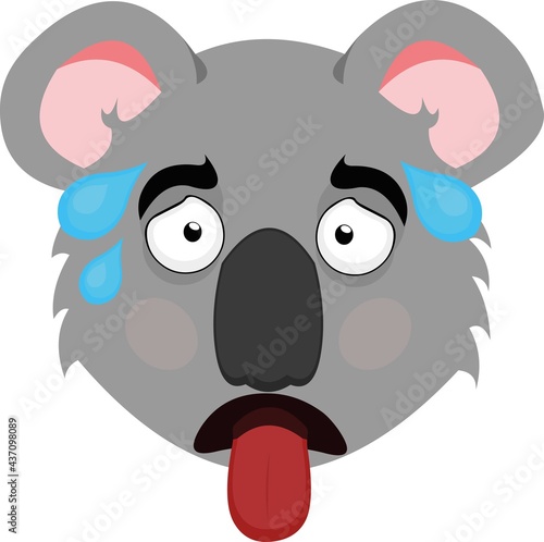 Vector emoticon illustration of a koala's face with a thirsty expression with its tongue sticking out and drops of sweat