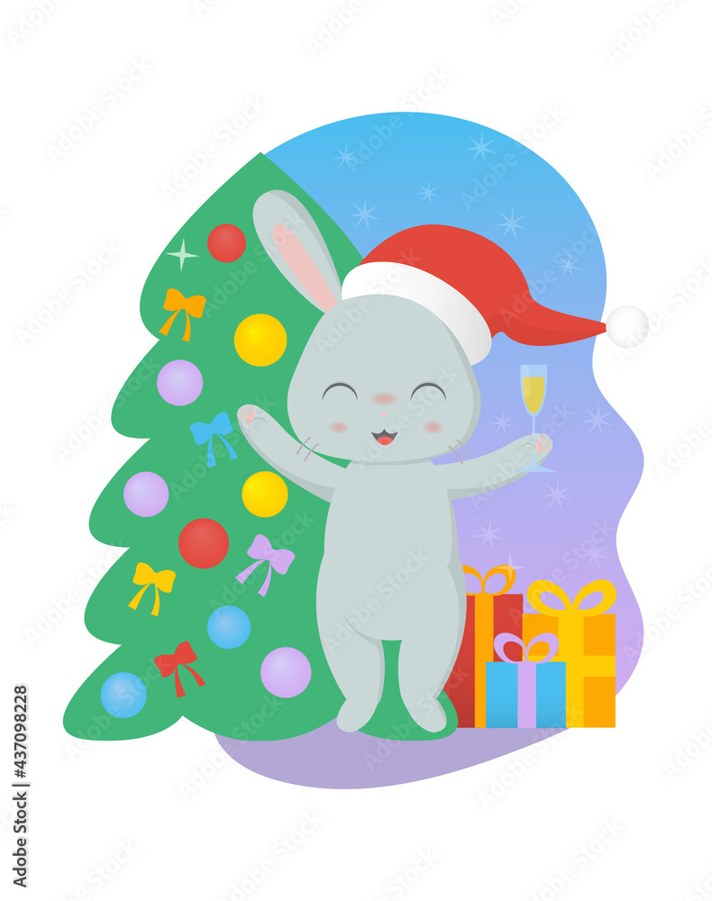 Obraz premium A cute kawaii rabbit in a santa claus hat is happy with the new year and holds a glass of champagne in his paw. New Year tree and gifts. Vector greeting card illustration