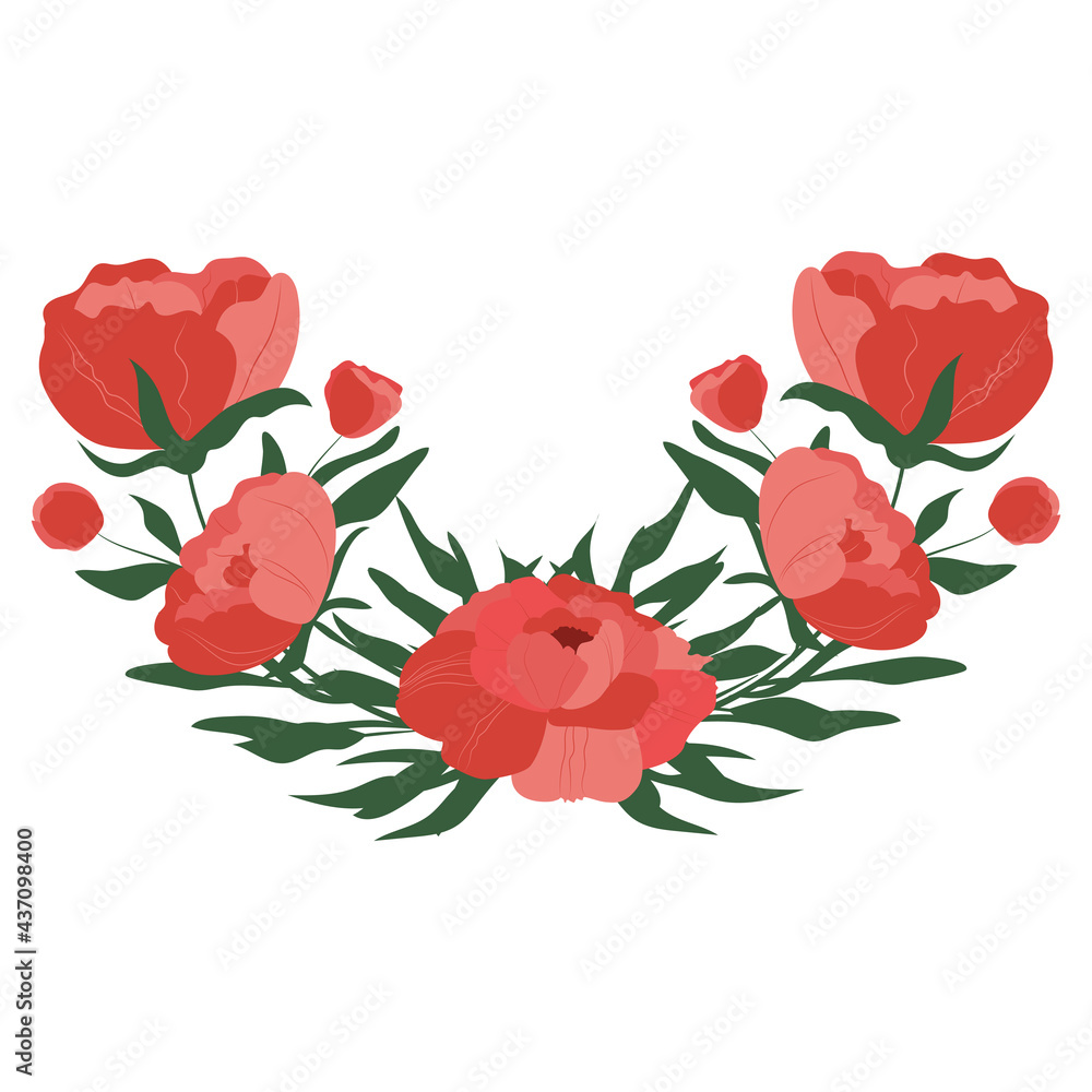 Flower composition. A bouquet of peonies. Logo element, element for the design of cards, invitations, business cards. Vector color illustration.