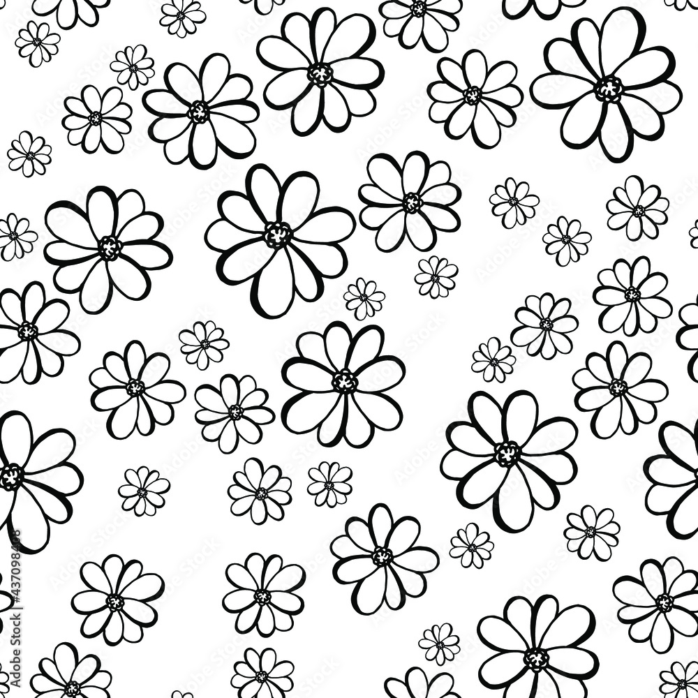 Abstract daisy flower vector seamless pattern. Summer background. Textile print with black daisy flowers isolated on white blue. Summer meadow blossom seamless pattern. Flat abstract design