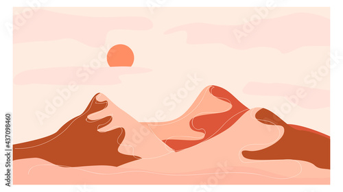 Horizontal abstract landscape. Desert. Boho style. Minimalistic landscape. One line. Trendy print of nature  for pose  for decor  background  for packaging  for web design.