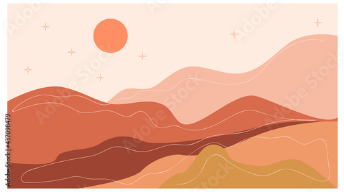 Horizontal abstract landscape. Desert. Boho style. Minimalistic landscape. One line. Trendy print of nature, for pose, for decor, background, for packaging, for web design.