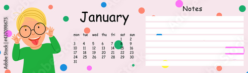 Glider wall calendar template for the year 2022 month of January. A cute child makes a grimace, shows his tongue. The week starts on Mondays. Flat cartoon style.