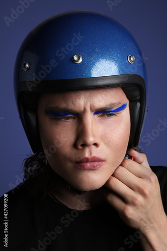 Vertical portrait of attractive motor biker in blue helmet mockup set. Isolated. © face_reader_img