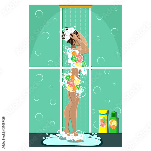 Brunette girl takes an invigorating shower with a citrus scent. Daily care for body and skin. Cartoon vector illustration in flat style.