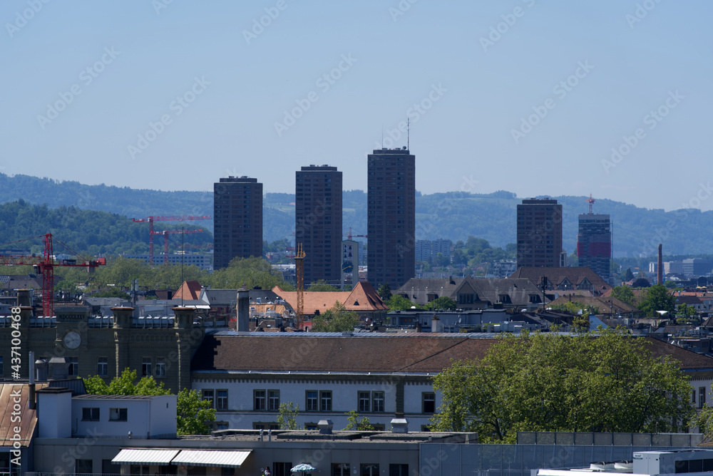 Panoramic view over City of Zurich at sunny summer day with skyscrapers. Photo taken June 1st, 2021, Zurich, Switzerland.