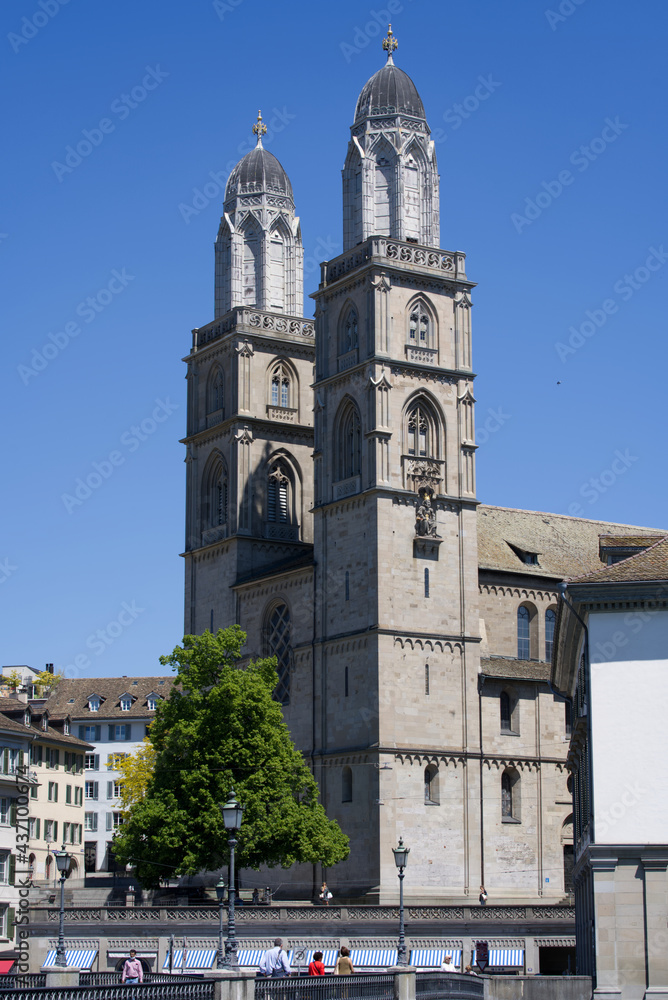 Old town of Zurich with church Grossmünster (German, translation is Great jMinster) at summertime. Photo taken June 1st, 2021, Zurich, Switzerland.