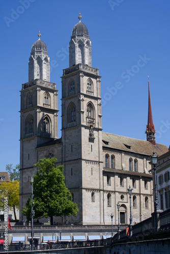 Old town of Zurich with church Grossm  nster  German  translation is Great jMinster  at summertime. Photo taken June 1st  2021  Zurich  Switzerland.