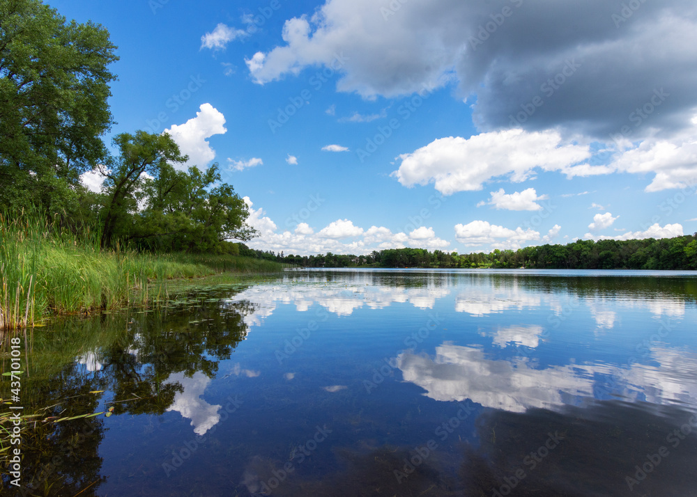 Fototapeta premium A landscape crop of a Wisconsin Lake (Upper Genesee Lake in Waukesha County). Cattails and water lillies line the shore while cumuls clouds are reflected in the calm waters.