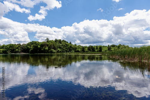 A landscape crop of a Wisconsin Lake (Upper Genesee Lake in Waukesha County). Cattails and water lillies line the shore while cumuls clouds are reflected in the calm waters.