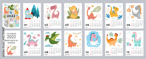 Children's calendar template for 2022. Bright vertical design with abstract dinosaurs in a flat style. Editable vector illustration, set of 12 months with a cap. The week starts on Sunday.