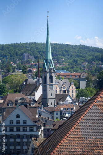 Old town of Zurich with Predigerkirche (preacher's church) at a summer day. Photo taken June 1st, 2021, Zurich, Switzerland.