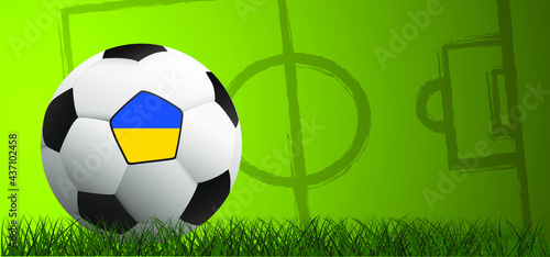 Football with the flag of Ukraine on green soccer grass field. Vector background banner. Euro sport finale or school, sports game cup. Summer, spring time, Street ball games. 2020, 2021