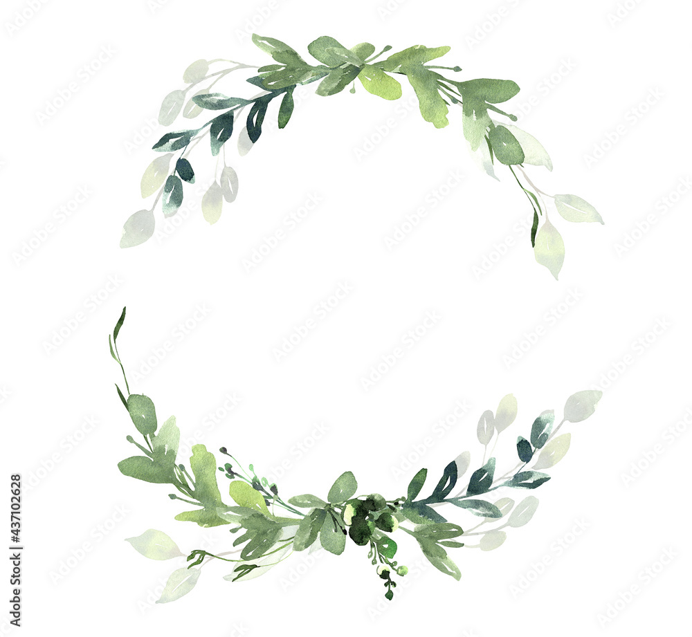 Naklejka premium Watercolor floral illustration set - green leaf Frame collection, for wedding stationary, greetings, wallpapers, fashion, background. Eucalyptus, olive, green leaves, etc. High quality illustration