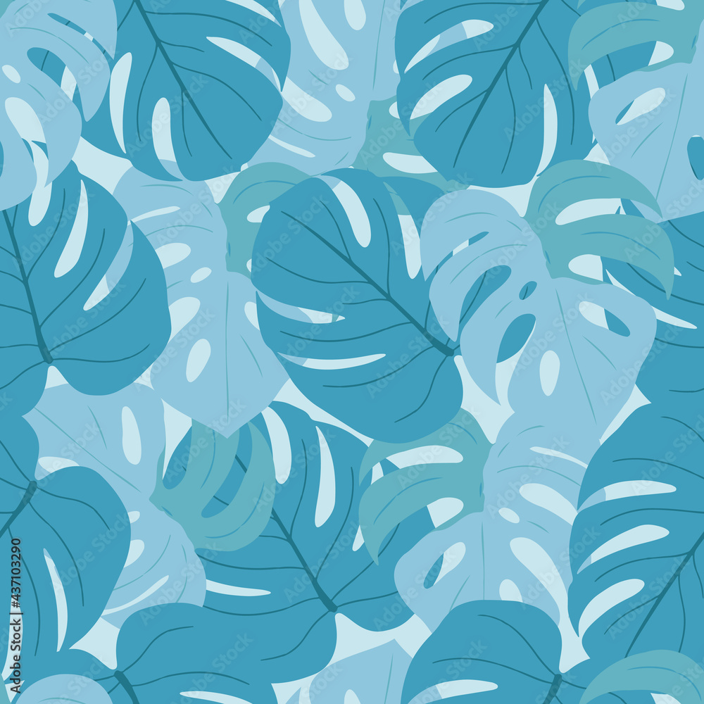 Blue summer Monstera leaves seamless pattern Blue summer Monstera leaves seamless pattern