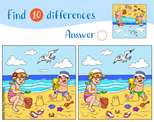 Find 10 differences. Educational game for children. Happy children play in the sand on the beach near the sea, a seagull flies in the sky.