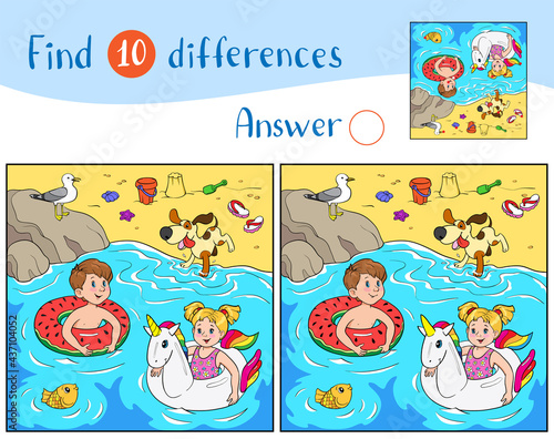 Find 10 differences. Educational game for children. Cheerful boy and girl swim on rubber rings in the water, a dog jumps on the shore, a seagull sits on a stone
