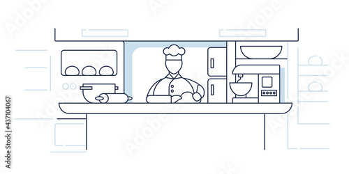 Cook line icon. Man cooks food. Working in restaurants. Cooking.Important job.Professions concept. Isolated vector illustration.Editable stroke