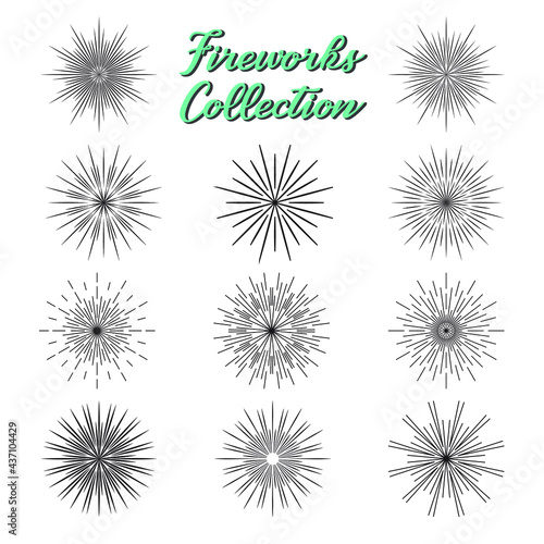 Fireworks silhouette black icons collection. Holiday and party celebration explosion, festival or carnival firecracker. Vector burst contour pattern graphic shaped set isolated on white background.