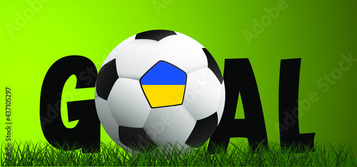 Football with the flag of Ukraine on green soccer grass field. Vector background banner. Sport finale or school, sports game cup. Summer, spring time, Street ball games. 2021