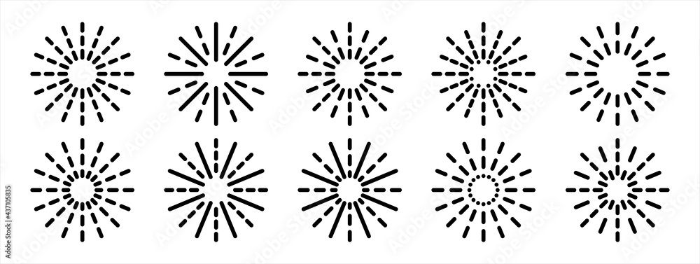 Set of light rays, sunburst and rays of sun. Sunburst collectin. Big set sunburst. Sun rays set. Burst symbol. Linear style. Set of light rays, sunburst and rays of sun. Sunburst collectin. Big set sunburst. Sun rays set. Burst symbol. Linear style.