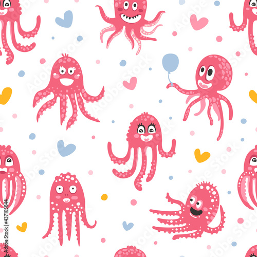 Cute Pink Octopus Seamless Pattern Design, Funny Sea Creature Character Background, Wallpaper, Textile, Packaging Vector Illustration