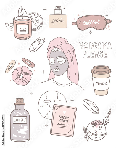 Stickers set. Vector illustration, outline drawing. Hairpins, salt and bath bomb, aroma candle, lotion, matcha. Lettering no drama please. Portrait of a girl with a face mask, beauty rituals, home spa