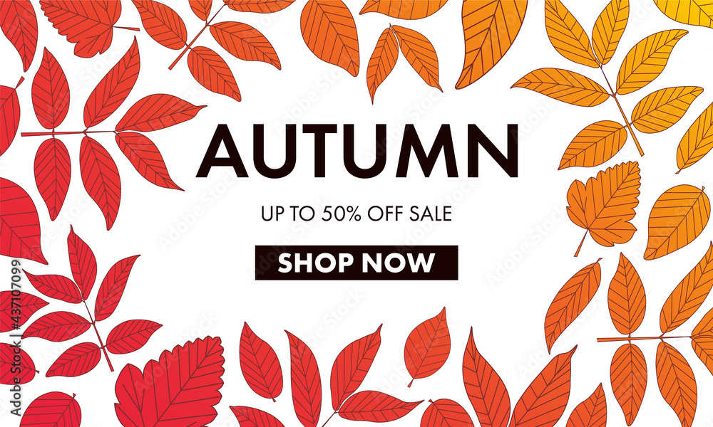 Banner for Autumn sale with colorful seasonal fall leaves  for shopping discount promotion. Vector illustration.  Autumn gradient