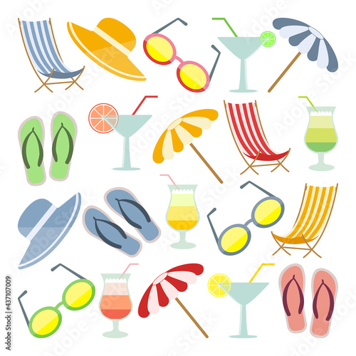 summer sea holiday items, set of beach things, cartoon style, vector illustration on white background, 