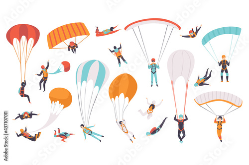 Skydivers Flying with Parachutes Set, Extreme Sport, Parachuting, Paragliding and Skydiving Concept Cartoon Vector Illustration