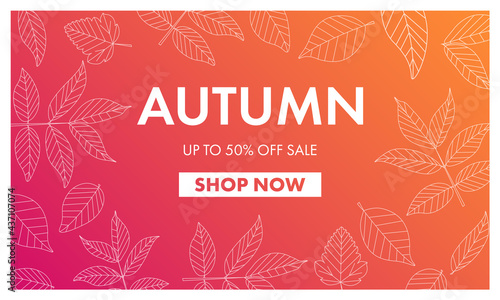 Banner for Autumn sale with colorful seasonal fall leaves  for shopping discount promotion. Vector illustration.  Autumn gradient