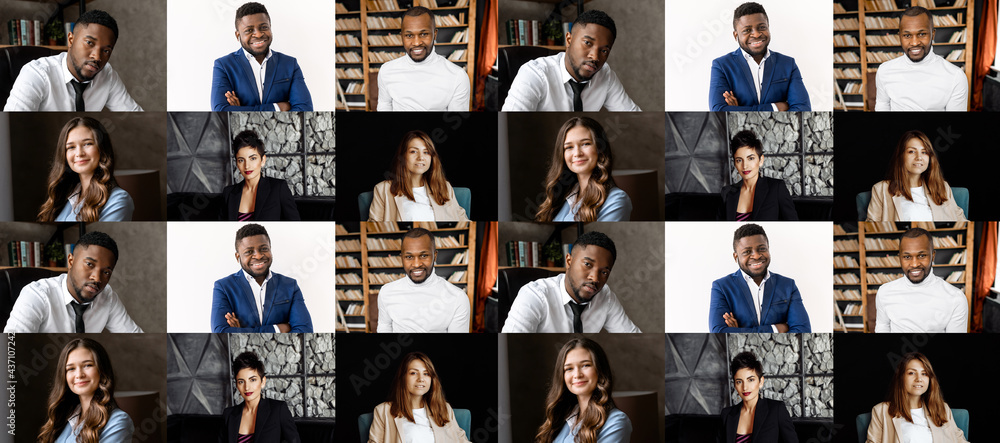 Obraz premium Laptop screen view diverse company staff colleagues using web camera and internet connection speaking remotely by video app. Lot of smiling multicultural faces looking at camera. Distant work concept