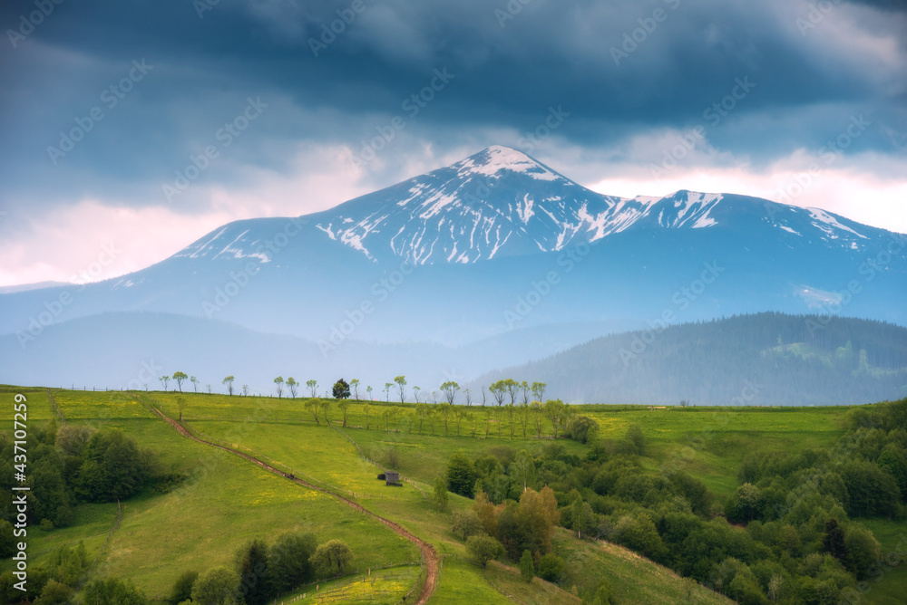 Carpathian alpine valley at stormy weather