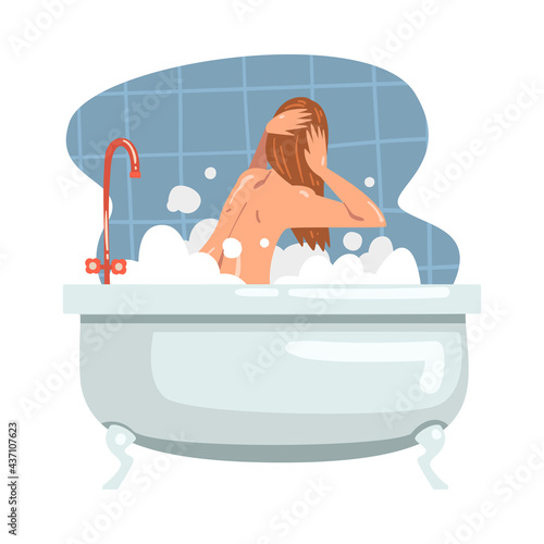 Young Female Bathing in the Bathtub Washing Her Hair and Body with Shampoo Vector Illustration