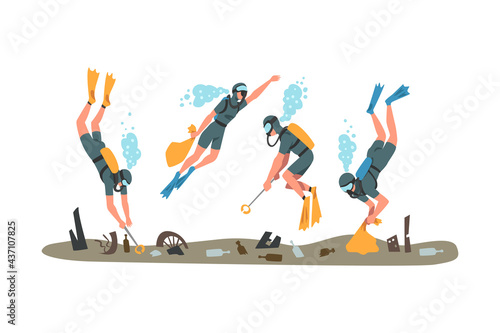 Scuba Divers Collecting Trash in Ocean, Pollution of Sea, Ocean or River, Ecology Protection Concept Cartoon Vector Illustration