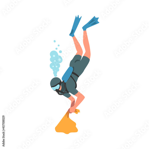 Scuba Diver Collecting Trash into Bag in Ocean, Ecology Protection Concept, Volunteer Cleaning Up Wastes Cartoon Vector Illustration