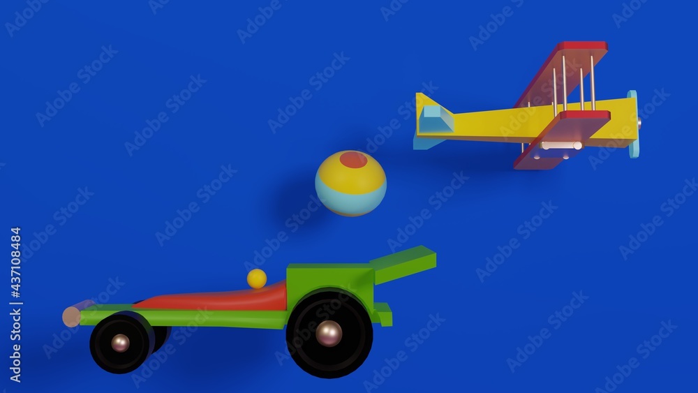 3D Illustration; Mexican toys children's pastel colored traditional car, balloon and plane airplane