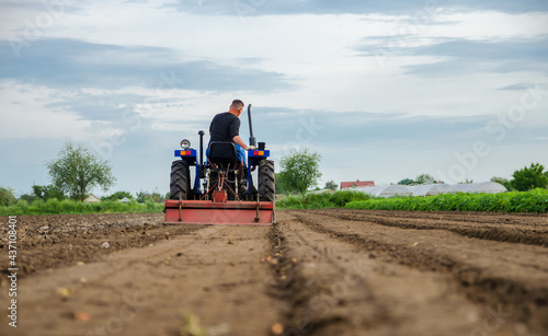 A farmer drives a tractor and cultivates an agricultural field. Milling soil, crushing before cutting rows. Farming, agriculture. Loosening surface, land cultivation. Plowing field.