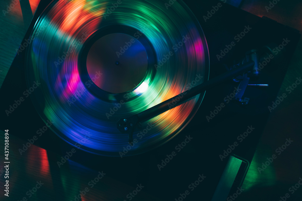 Turntable play vinyl record with light show effects Turntable play vinyl record with light show effects