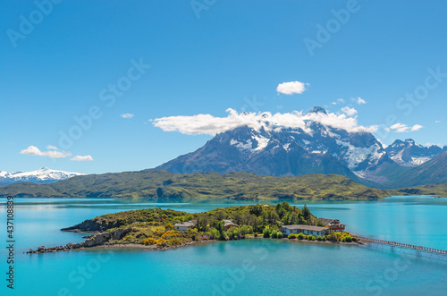 Pehoe Lake with island hotel and access bridge, Torres del Paine national park, Patagonia, Chile.