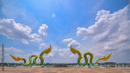 Photos Twin Green Naga statue at the mekong river, Wat Lamduan temple, Nong Khai province Thailand