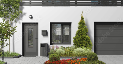 Modern monochrome architectural element of the building facade. 3D rendering of a city house with a dark front door, window, trees and plants. photo