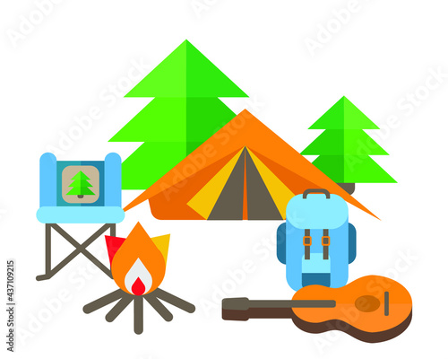 A set of items for tourism and hiking. Includes flat  guitar, spruce, tent. Landscape with flat  guitar, spruce, tent, bonfire, backpack, chair. The place where tourists stop. Camping place. 