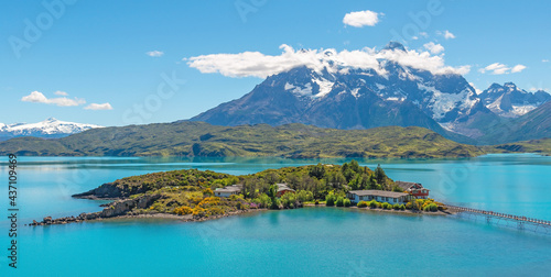Pehoe Lake panorama with Cuernos del Paine peaks and island hotel, Torres del Paine national park, Patagonia, Chile.
