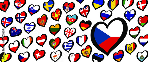Czech, Czechia flag and different countries flags with heart flags logo. For Europe, eurovision music song festival, contest. Music songs for vision dreams. Vector euro TV icon pattern. 