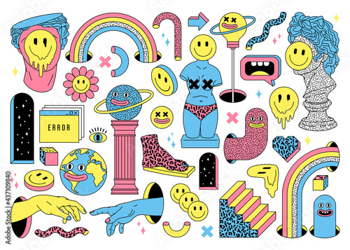 Surreal sticker pack. Ancient culpture, emoji, rainbow, arch, space, stairs etc in trendy weird cartoon style.