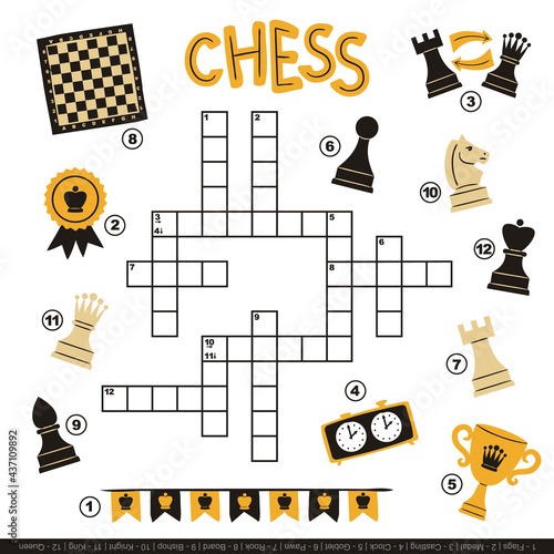 Chess crossword for kids. Children's smart game with cartoon elements. Set of hand drawn chess pieces, checkerboard, cup, flags, goblet. Vector illustration