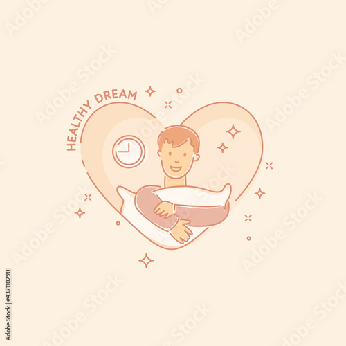 The poster is dedicated to proper sleep, which promotes rest and health of the body. A young man with a pillow.